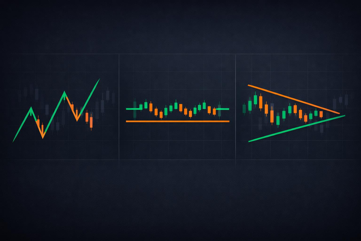 Ba dạng sóng điều chỉnh Elliott: zigzag dốc, mô hình phẳng đi ngang và tam giác hội tụ trên nền tối