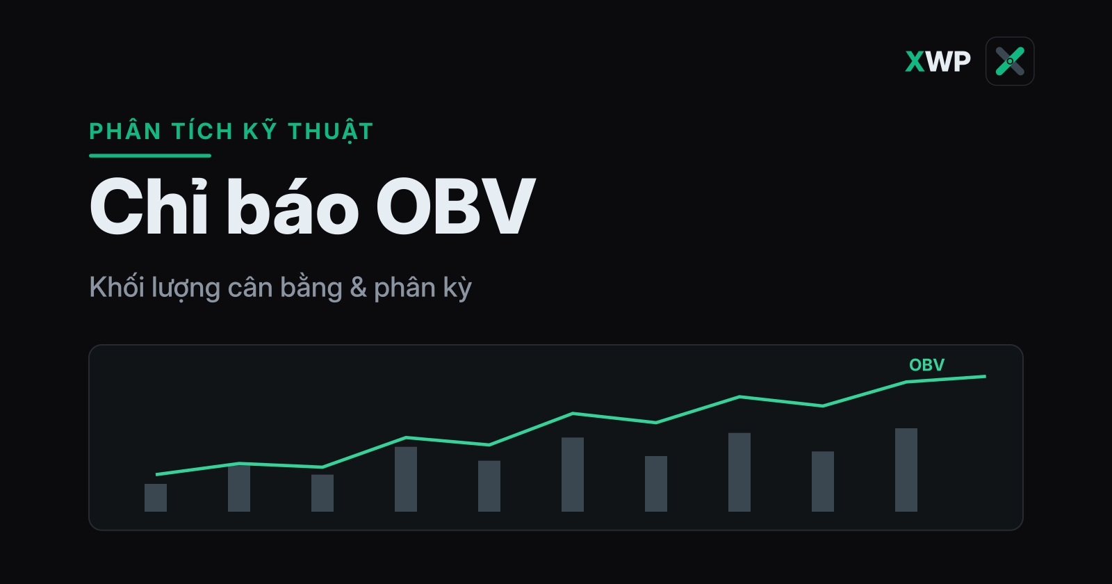 Bìa chỉ báo OBV: đường OBV cộng dồn dốc lên trên nền cột khối lượng, thương hiệu XWP