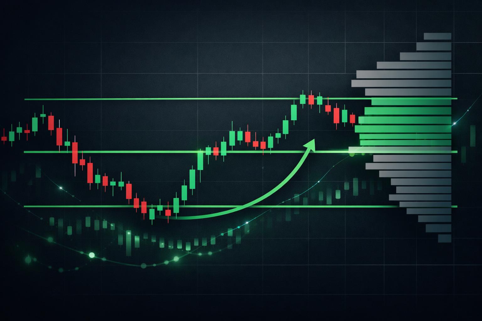 Biểu đồ nến hiển thị điểm POC, VAH, VAL trên Volume Profile và vòng lặp giá vượt nhanh qua vùng khối lượng thấp