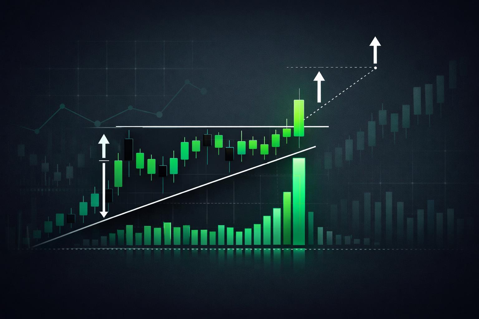 Biểu đồ nến minh họa tam giác tăng bứt phá lên kèm volume và mục tiêu measured move