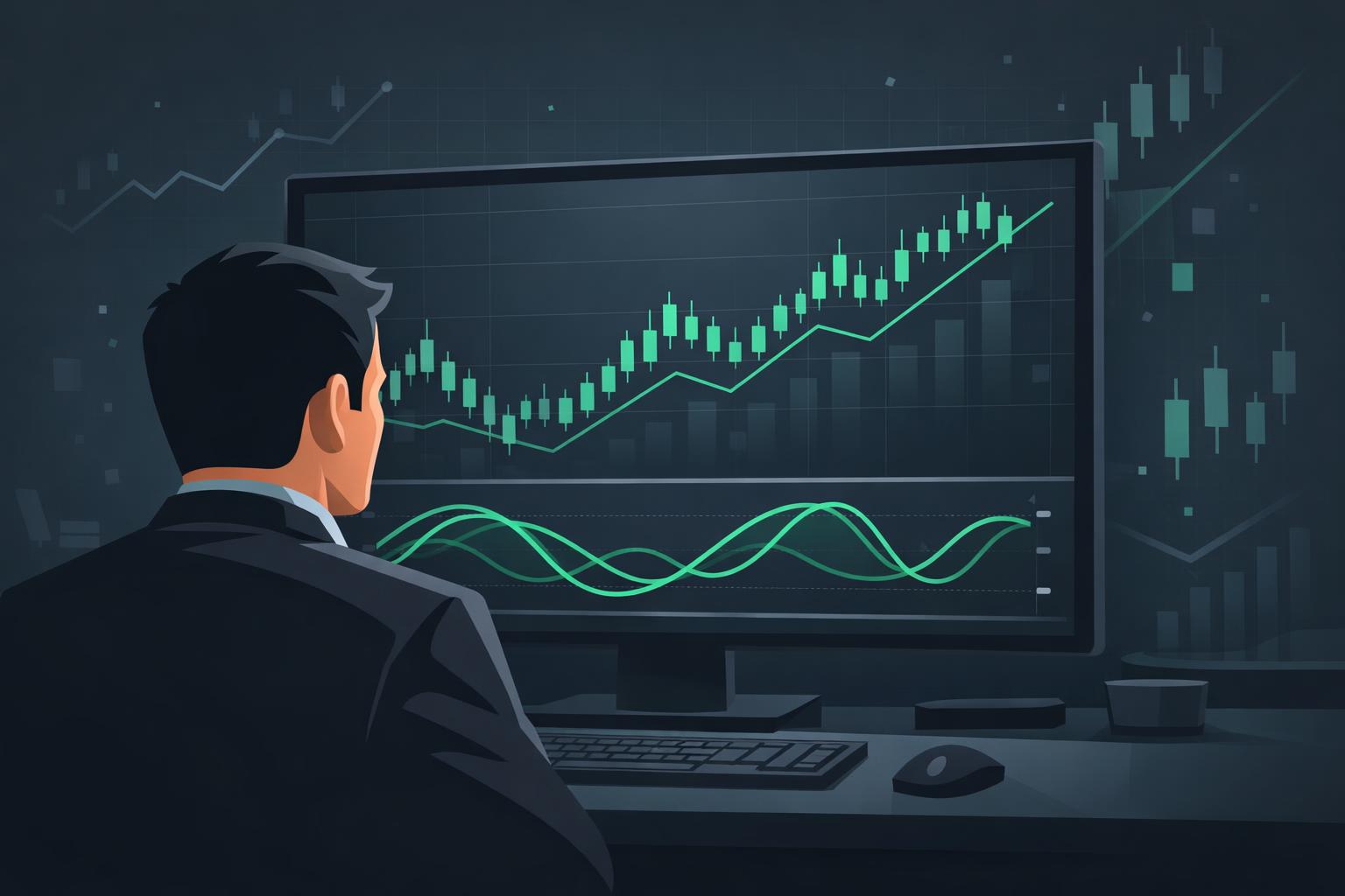 Trader phân tích biểu đồ nến cùng panel Stochastic trên màn hình